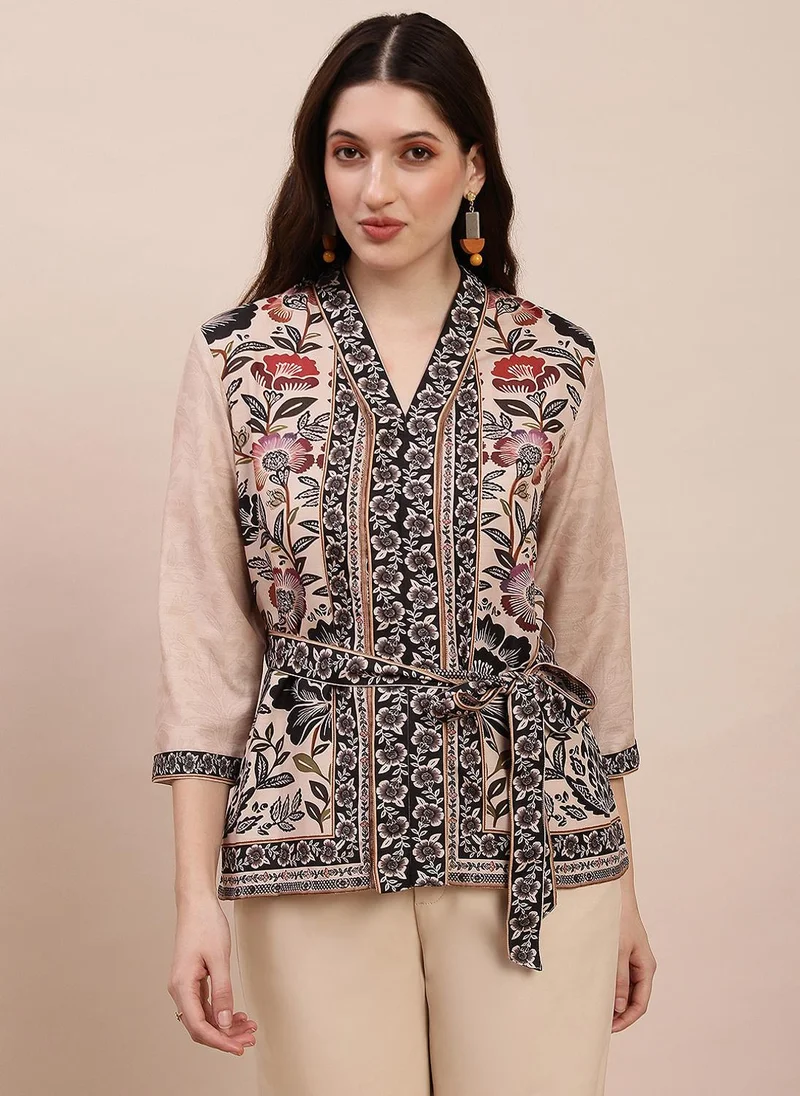 جلو باص Globus Women Beige V-Neck Floral Print Top With Belt